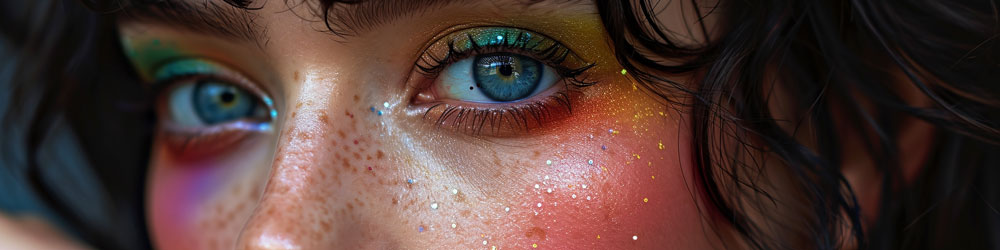 Close-up of an eye with multi-colored makeup and glitter, highlighting blue eyes and freckles.