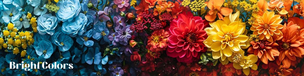 A vibrant gradient of flowers ranging from blue to orange.