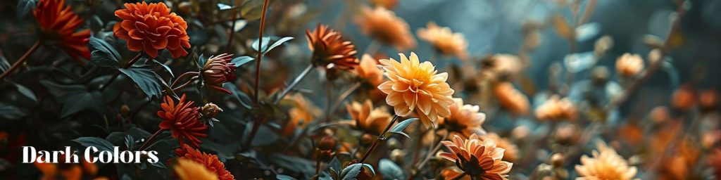 A panorama of dark foliage with vibrant orange flowers in selective focus.
