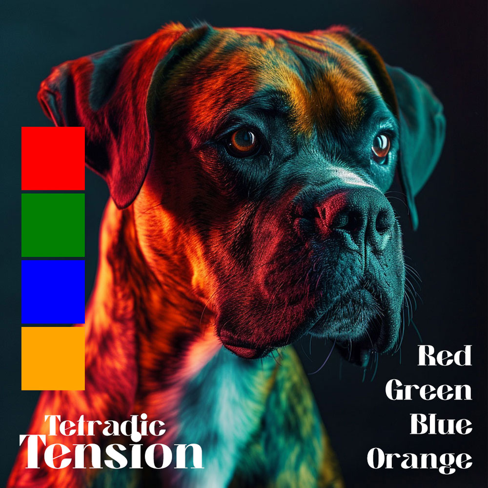 Close-up of a dog with red, green, blue, and orange colored lighting and a corresponding tetradic color palette.