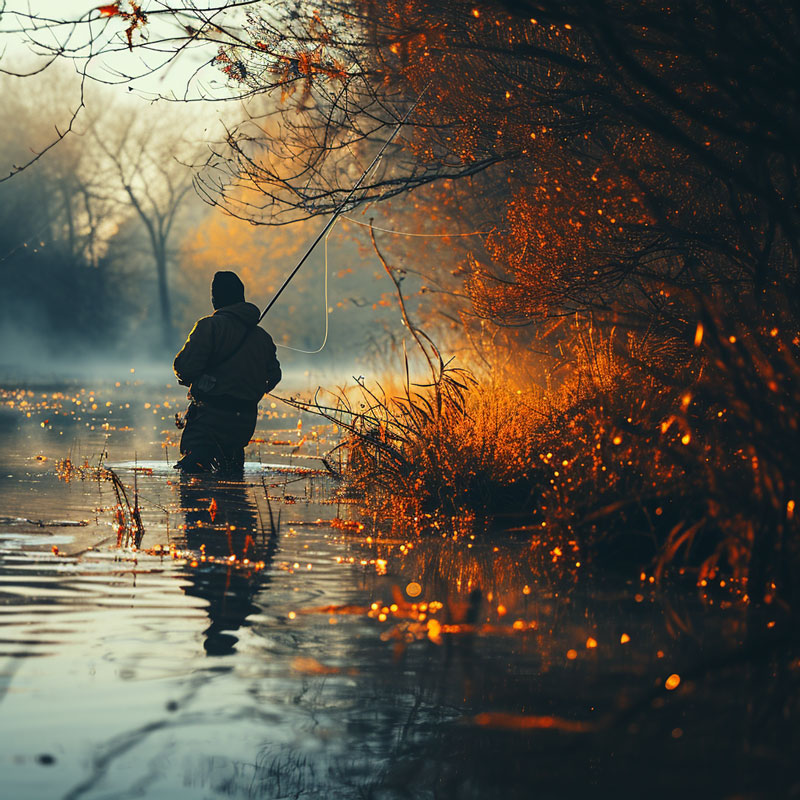 A lone fisherman stands in water at dawn, surrounded by autumnal colors.