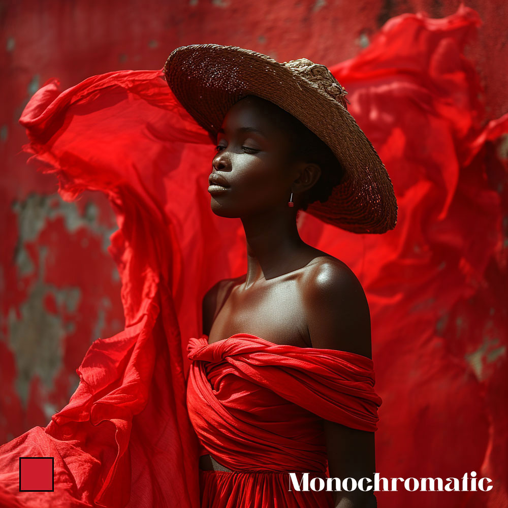 Model in red dress and hat against a red textured background, showcasing monochromatic style