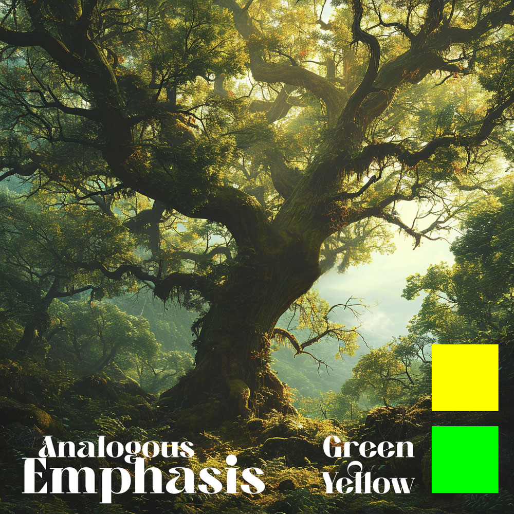 Majestic ancient tree in a forest with text 'Analogous Emphasis' and a palette of green and yellow.
