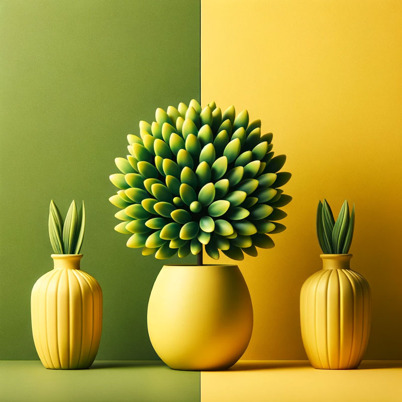 Stylized plants in yellow pots against a dual green and yellow background.