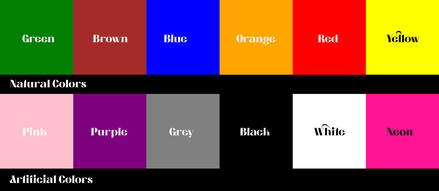 Color chart with six squares labeled with natural colors: green, brown, blue, orange, red, yellow, and another six labeled with artificial colors: pink, purple, grey, black, white, neon.