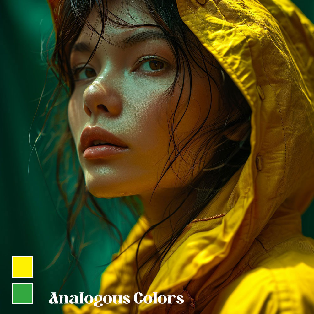 Woman in a yellow hood against a green background, representing analogous colors