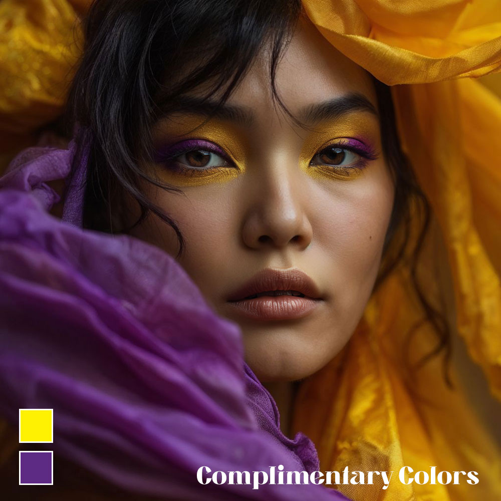 Portrait of a woman with yellow and purple makeup, wrapped in complementary colored fabrics.