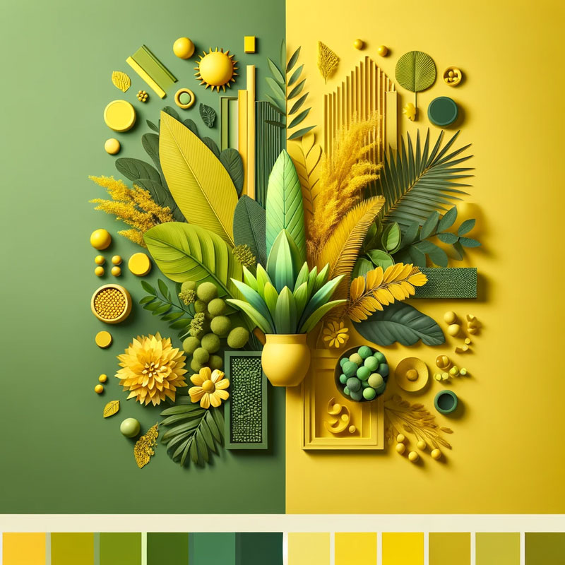 Creative display of various objects and plants arranged by color gradient from green to yellow.