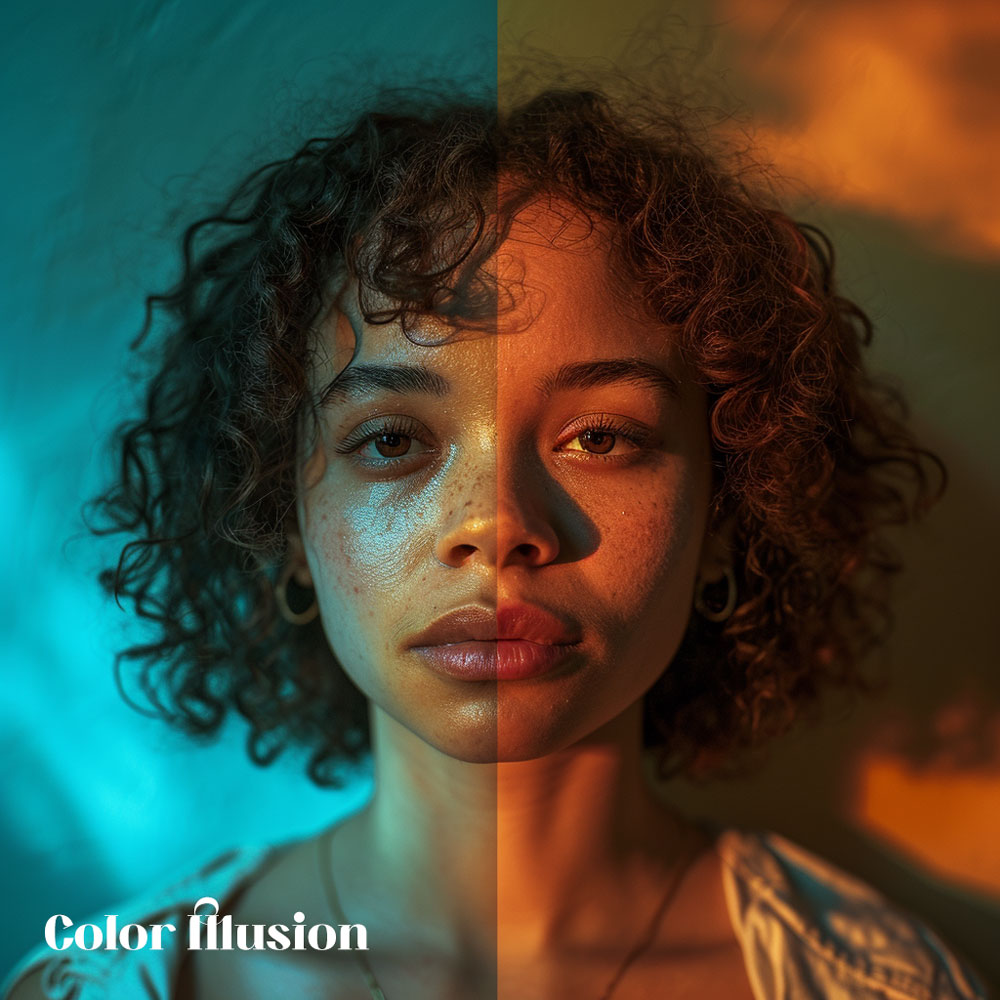 A young woman's portrait split into two halves, each bathed in a different light color, blue and orange, highlighting the contrast and harmony of warm and cool tones on her face.