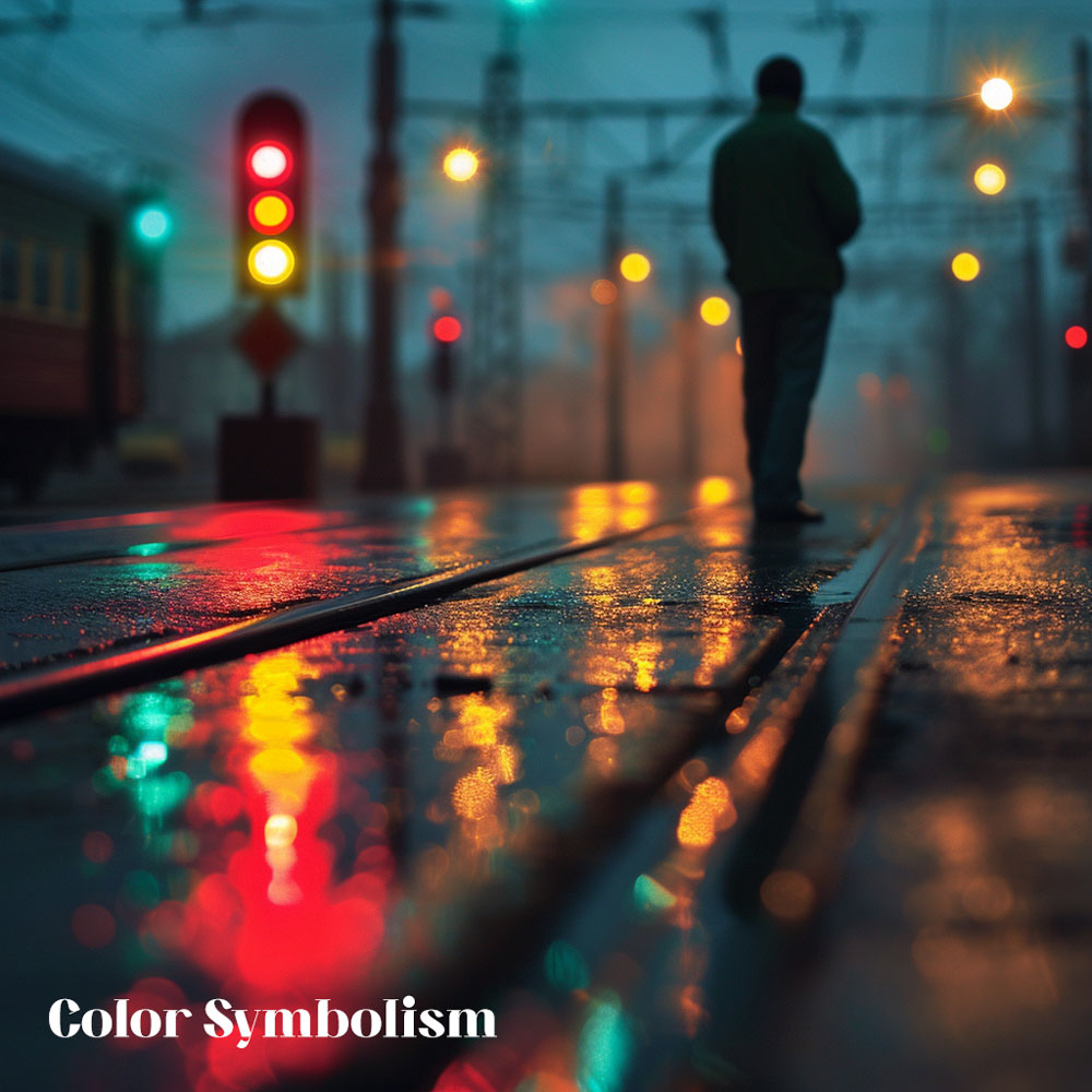 A solitary figure stands before a traffic signal on a rain-slicked railway platform at dusk, with vibrant reflections of red, yellow, and green lights