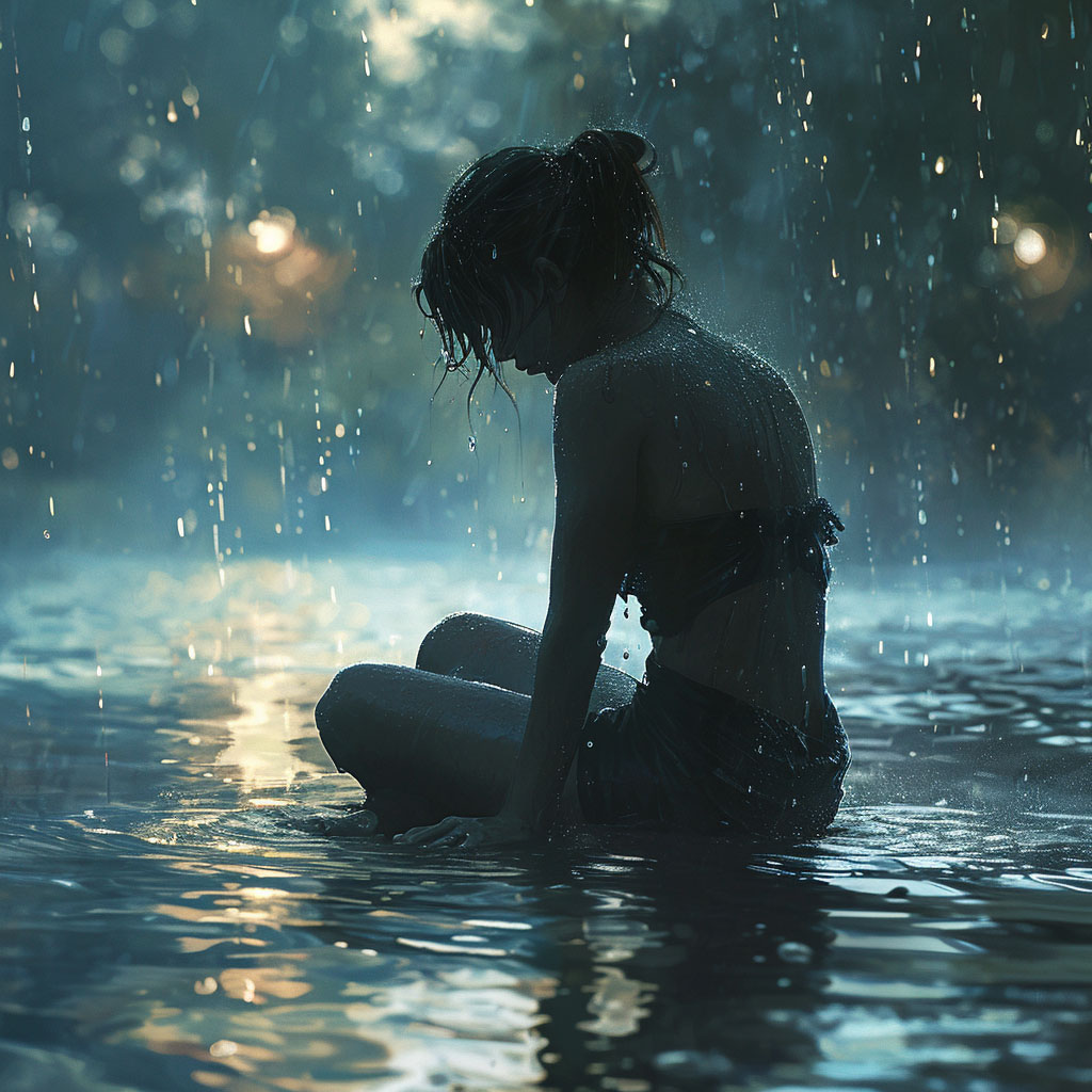 Person sitting in the rain with water gently cascading around them.