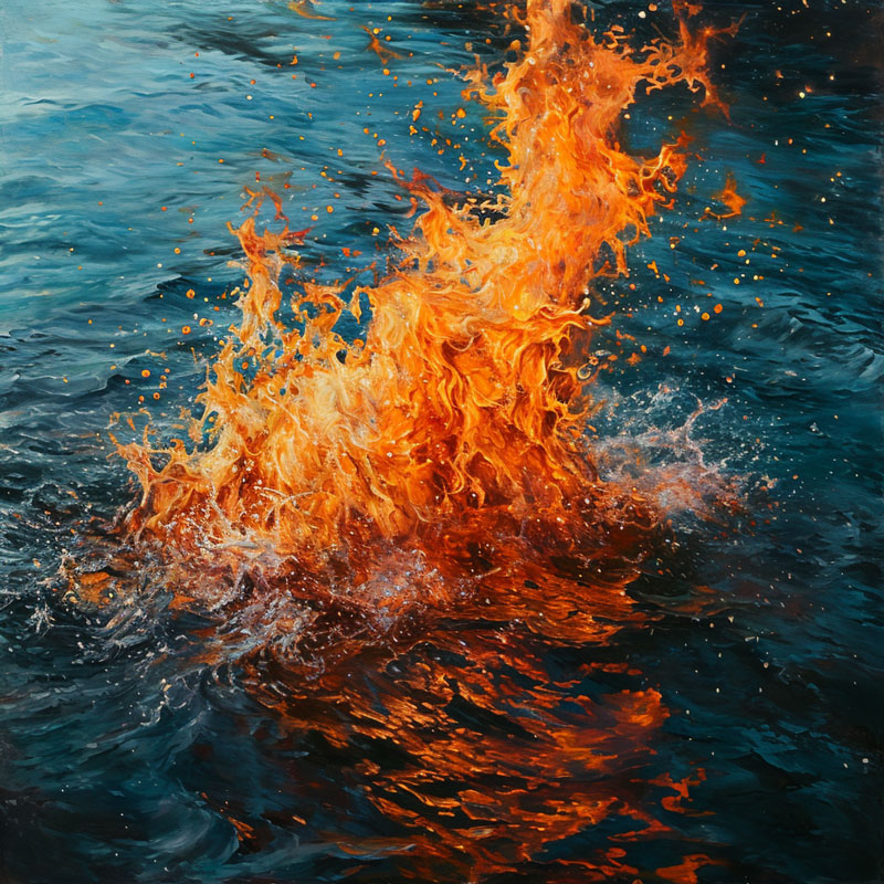 Vivid orange flames emerging from dark blue waters, creating a dramatic contrast.