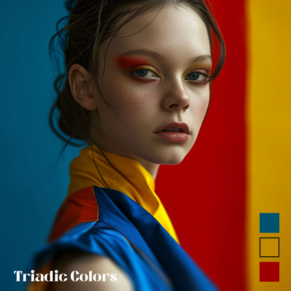 Portrait of a woman with makeup in primary triadic colors, blue, yellow, and red