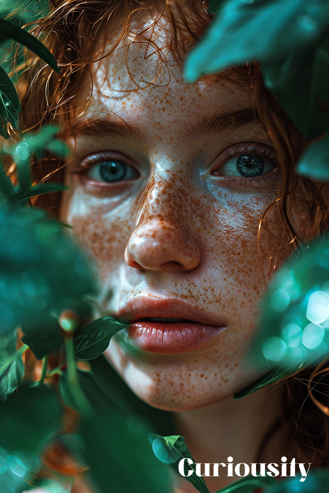 Close-up of a young woman peering through lush green leaves, her clear blue eyes reflecting a sense of wonder