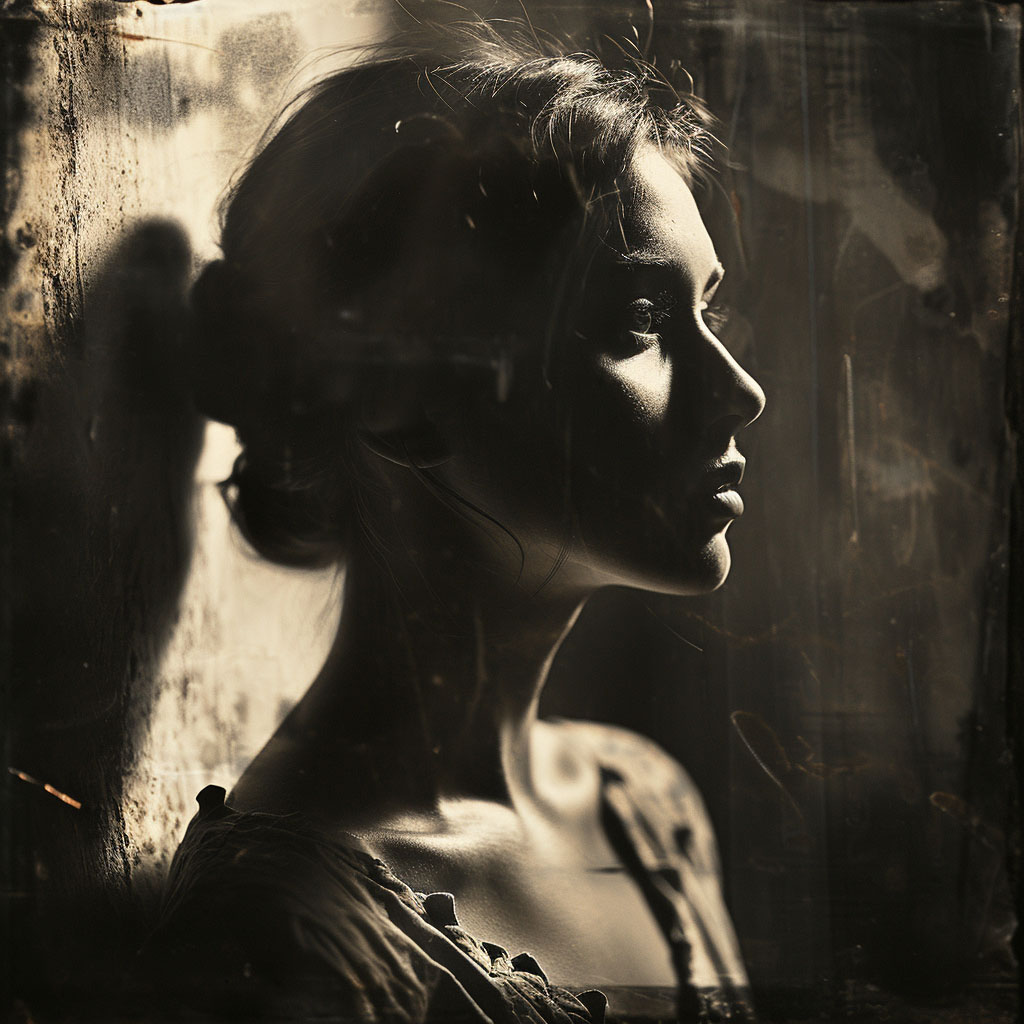 A profile of a woman in sepia tones, half-illuminated, half in shadow