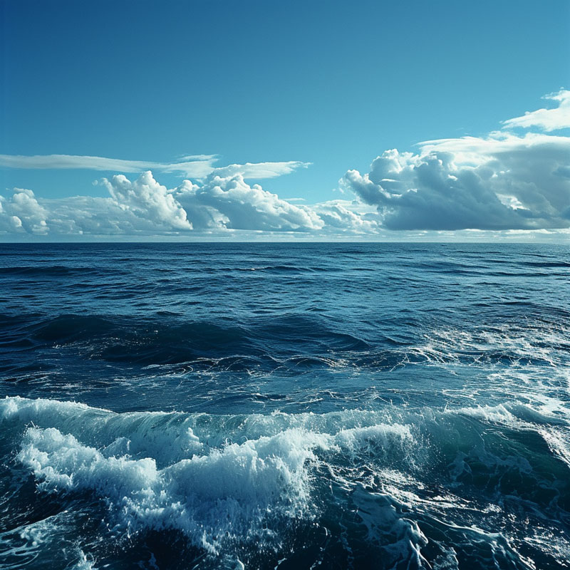 Calm ocean with gentle waves under a sky with scattered clouds.