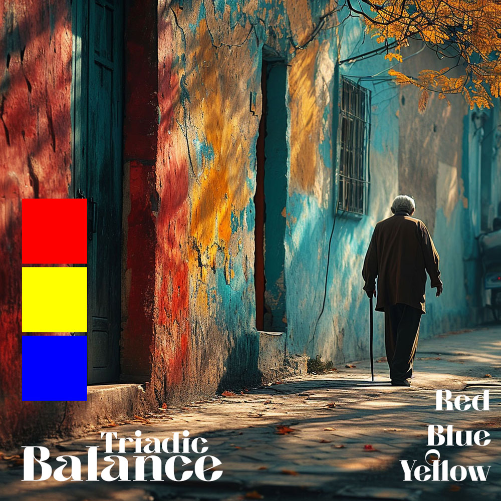Elderly person walking down a vibrant, color-streaked alleyway.