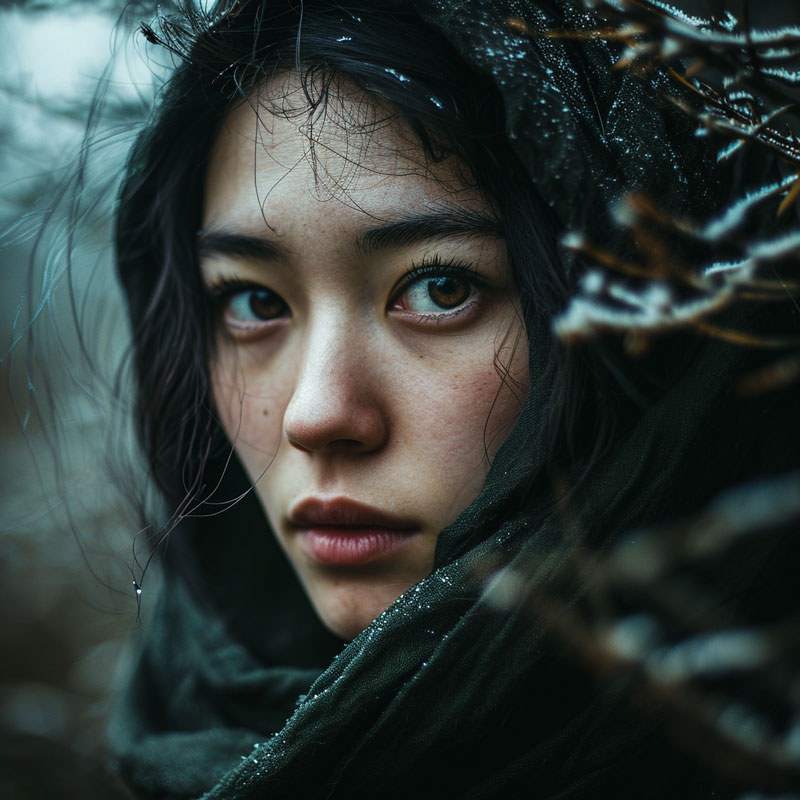 Intense portrait of a woman with captivating eyes, sheltered by a frost-covered branch.