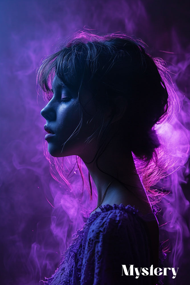 Silhouette of a woman surrounded by purple mist, embodying an aura of mystery.