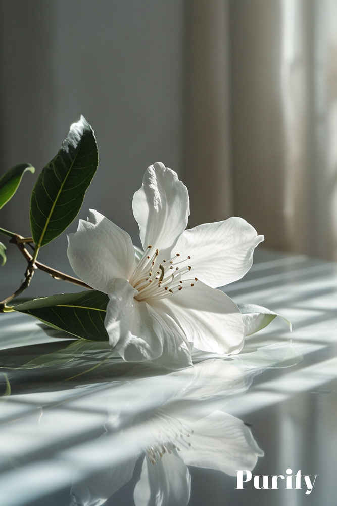 A single white flower bathed in soft sunlight, casting delicate shadows.