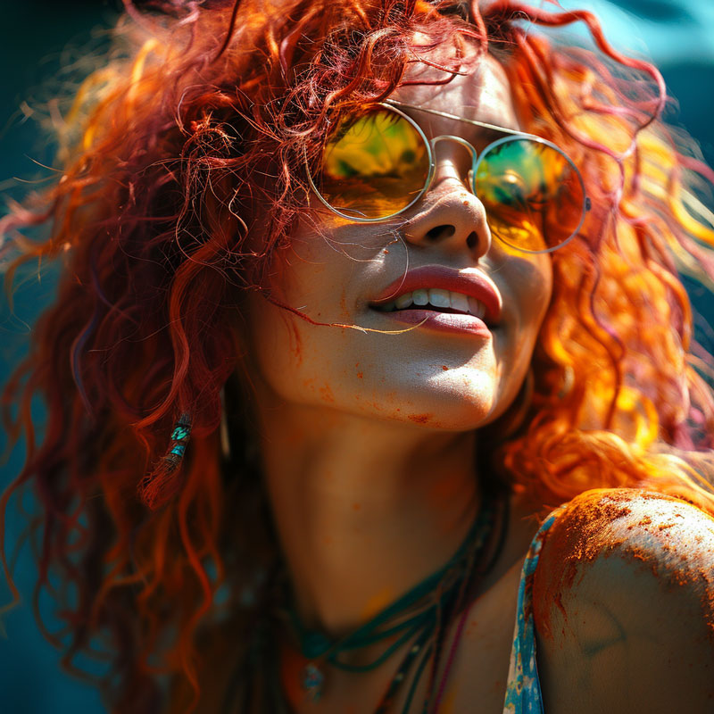 Smiling woman with curly red hair and yellow sunglasses, basking in sunlight